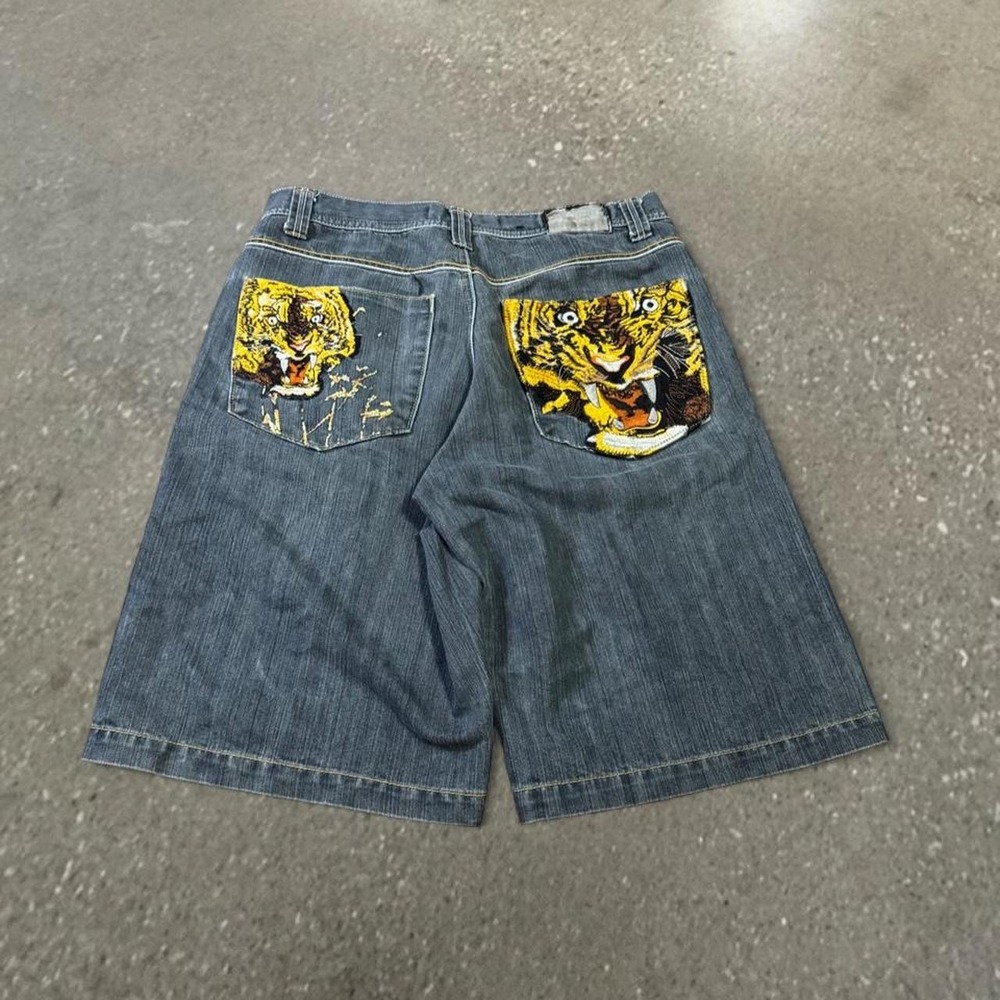 Exa Unlimited Tiger Embroidered Blue Denim Shorts Mens 36 Y2K Baggy Streetwear